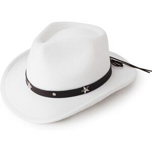 Women's White Western Faux Star Stud Band Buckle Classic Fedora Cowboy Felt Hat